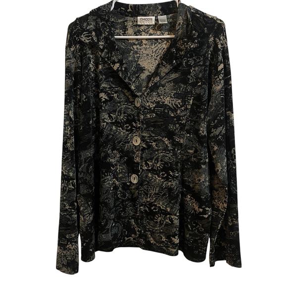 Chicos Travelers Jacket Size 3 Black Gray Paisley 3 Button Front Dark Academia - Picture 1 of 9